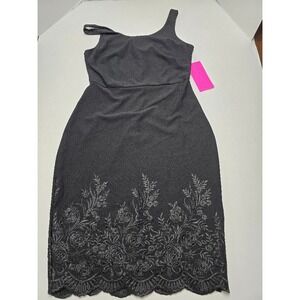 NWT‎ Betsey Johnson Black Dress One Shoulder Floral Embroidery Party Cocktail